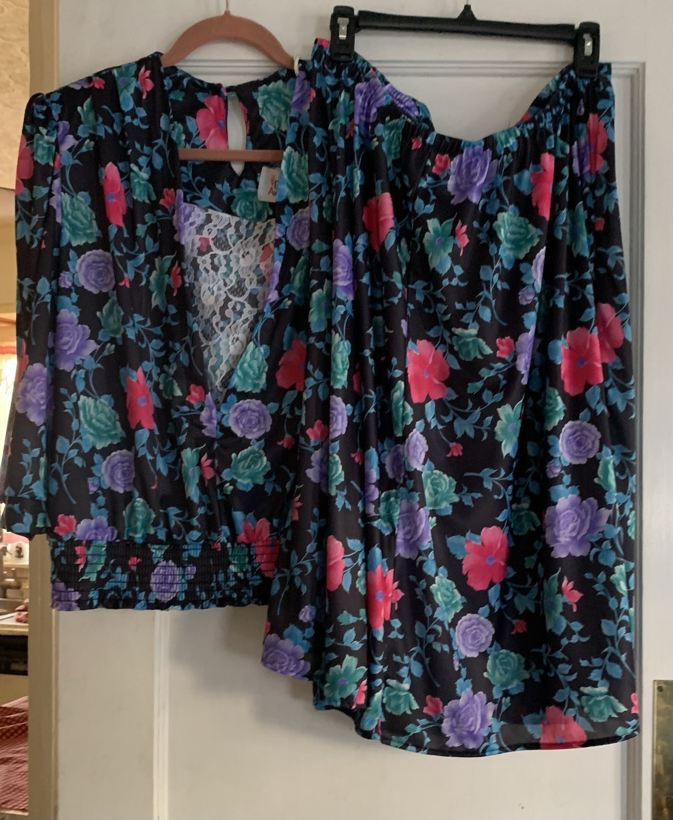Vintage Grand Avenue Plus Floral Blouse Skirt Set 20/22 W Petite Lace Shoulders