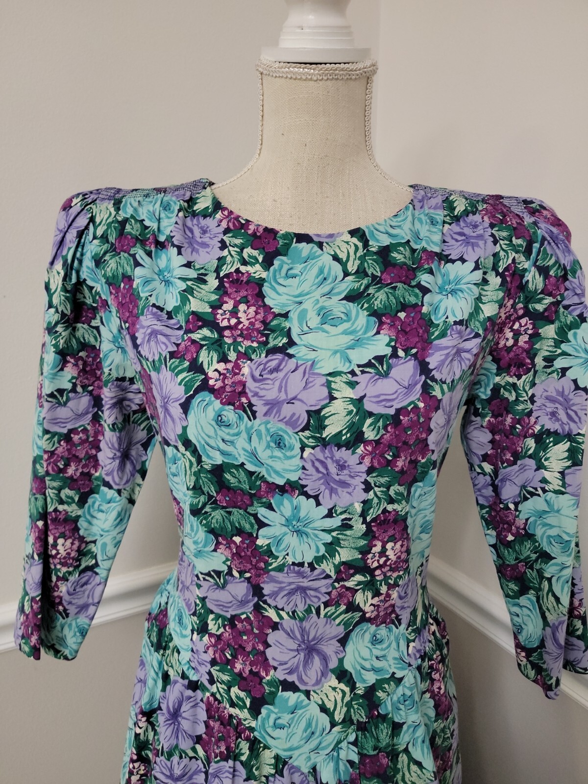 VTG Lavander Blue Floral Cottagecore Midi Tea Garden Party Dress 3/4 Sleeves