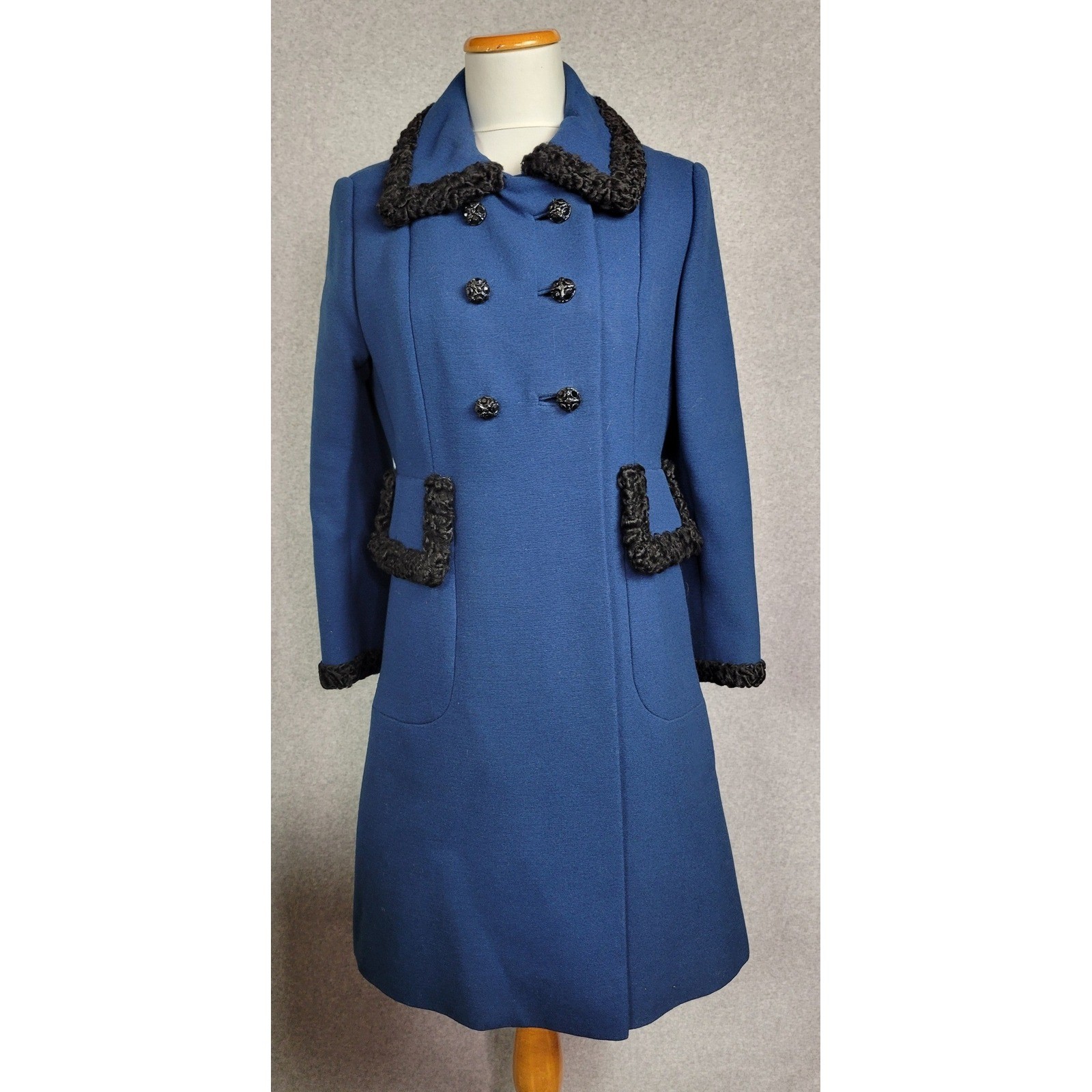 Vintage Benmor New York Blue Double Breasted Coat Persian Lamb Trim Rhinestone M
