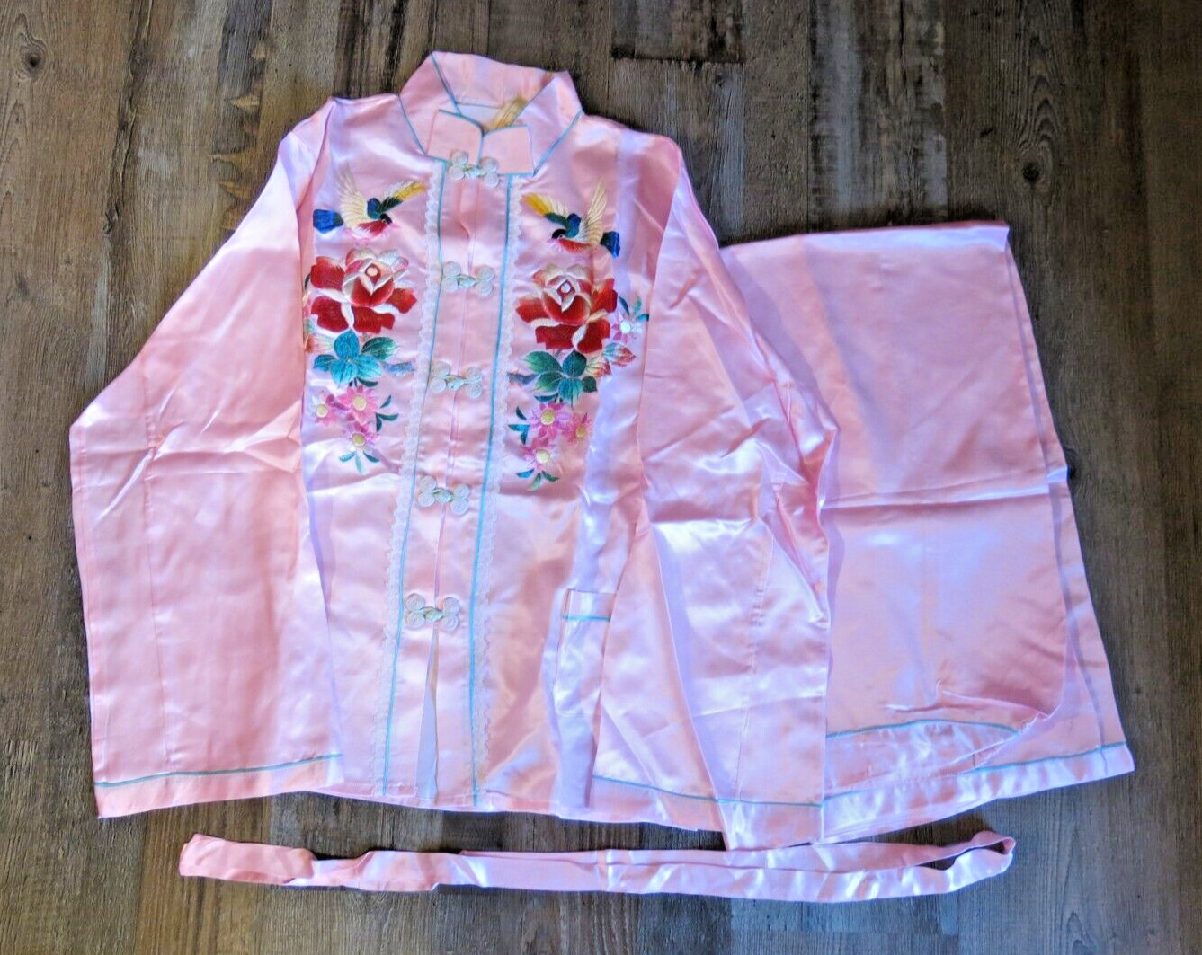 Japanese Pajama Set Saito Yokohama Vintage Pink Embroidered Rayon Silk Sz M