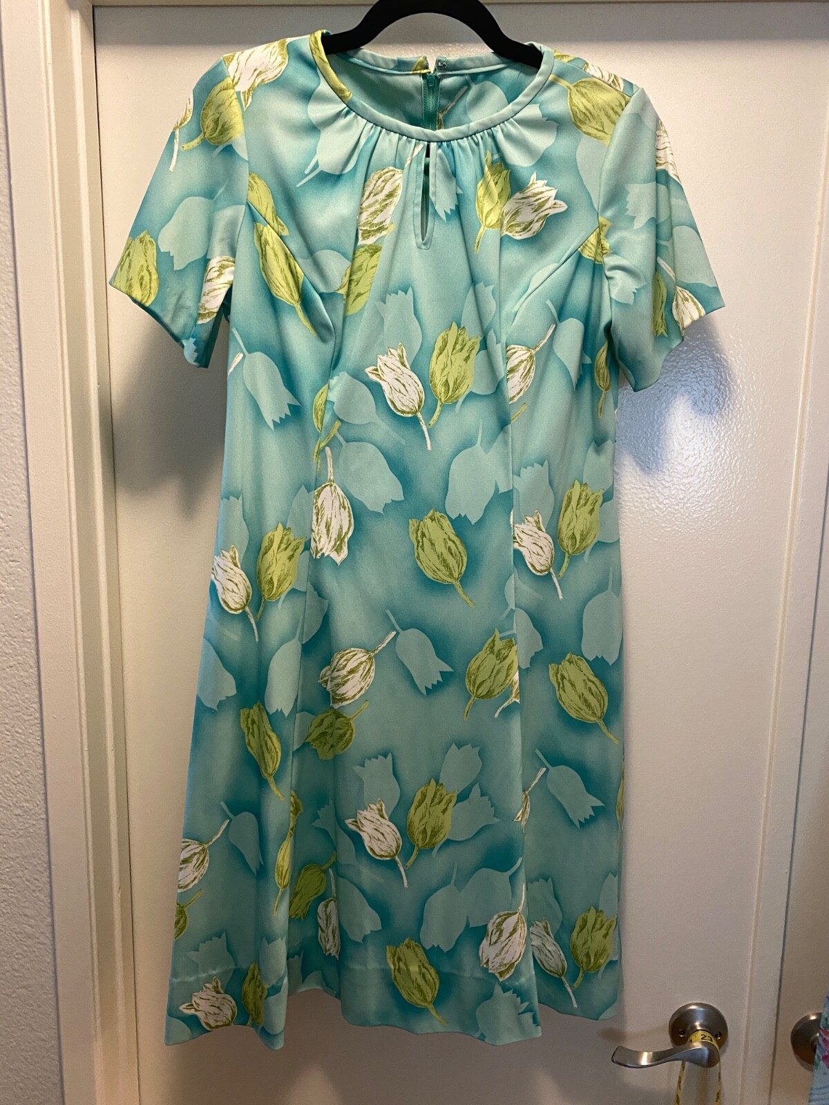VTG 60-70s Dress Women Floral Blue Green Round Neck 60’s Costume