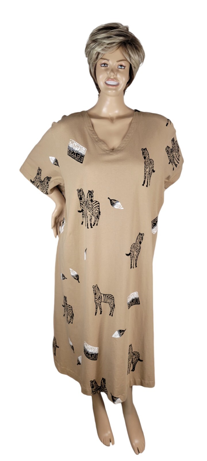 Vintage Copa Cabana Original Tan Safari Black White Zebra Cotton Shirt Dress 4X