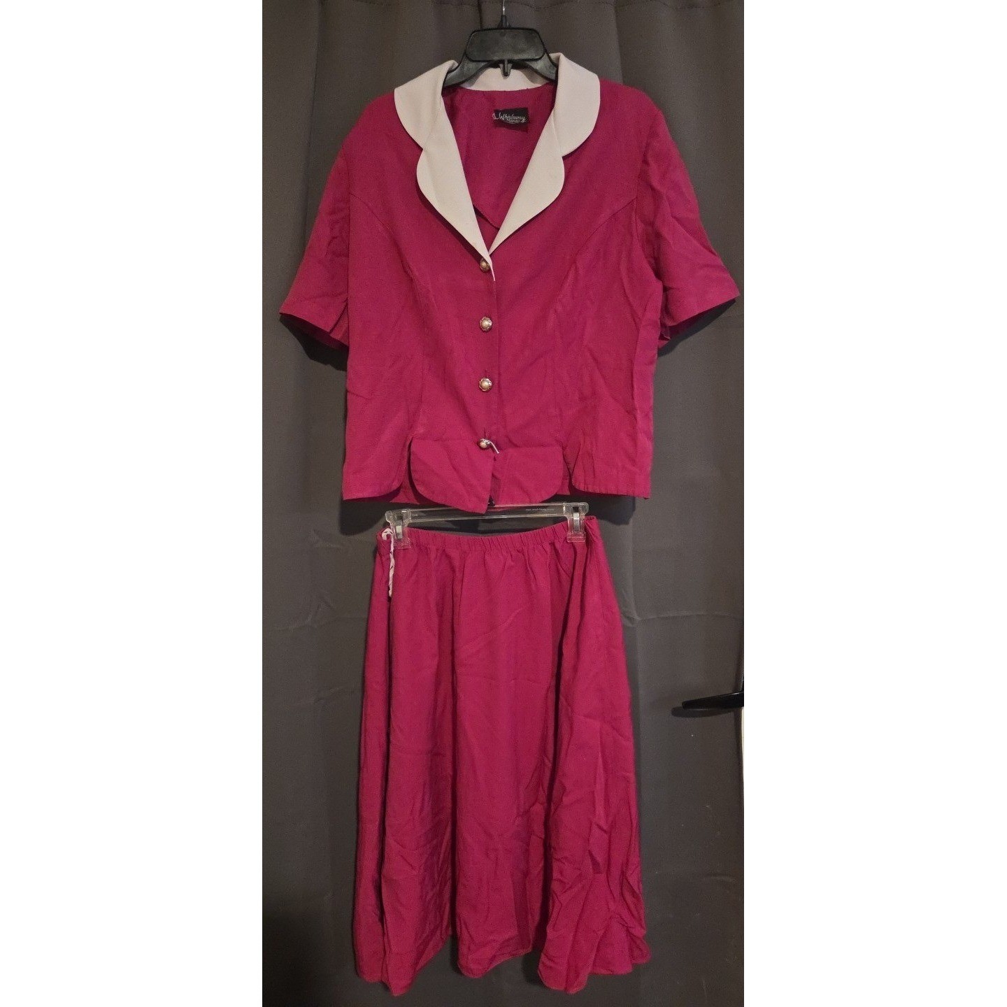 Whirlaway Frocks Magenta Pink 2 Piece Skirt Set, Scalloped Collar, Retro Vintage