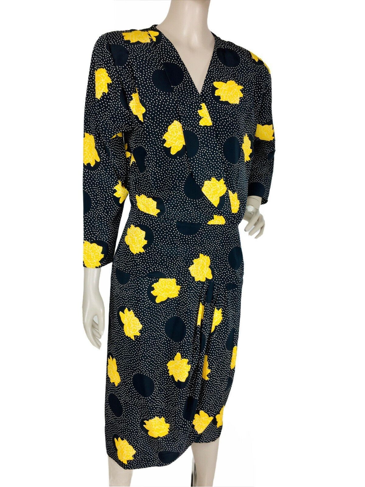 Vintage 60s 70s Black Yellow Floral Circle Polka Dot Surplice Sheath Dress S.M