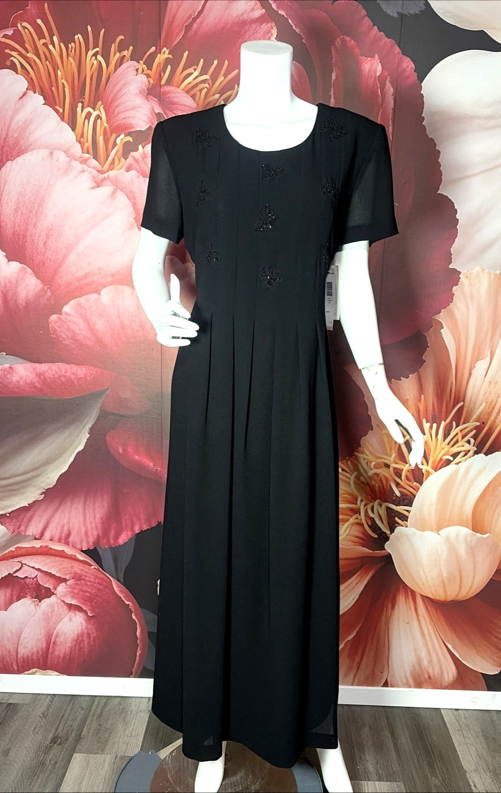VTG Jessica Howard Black Maxi Dress Sz 14 Beaded Butterfly Pleated NWT