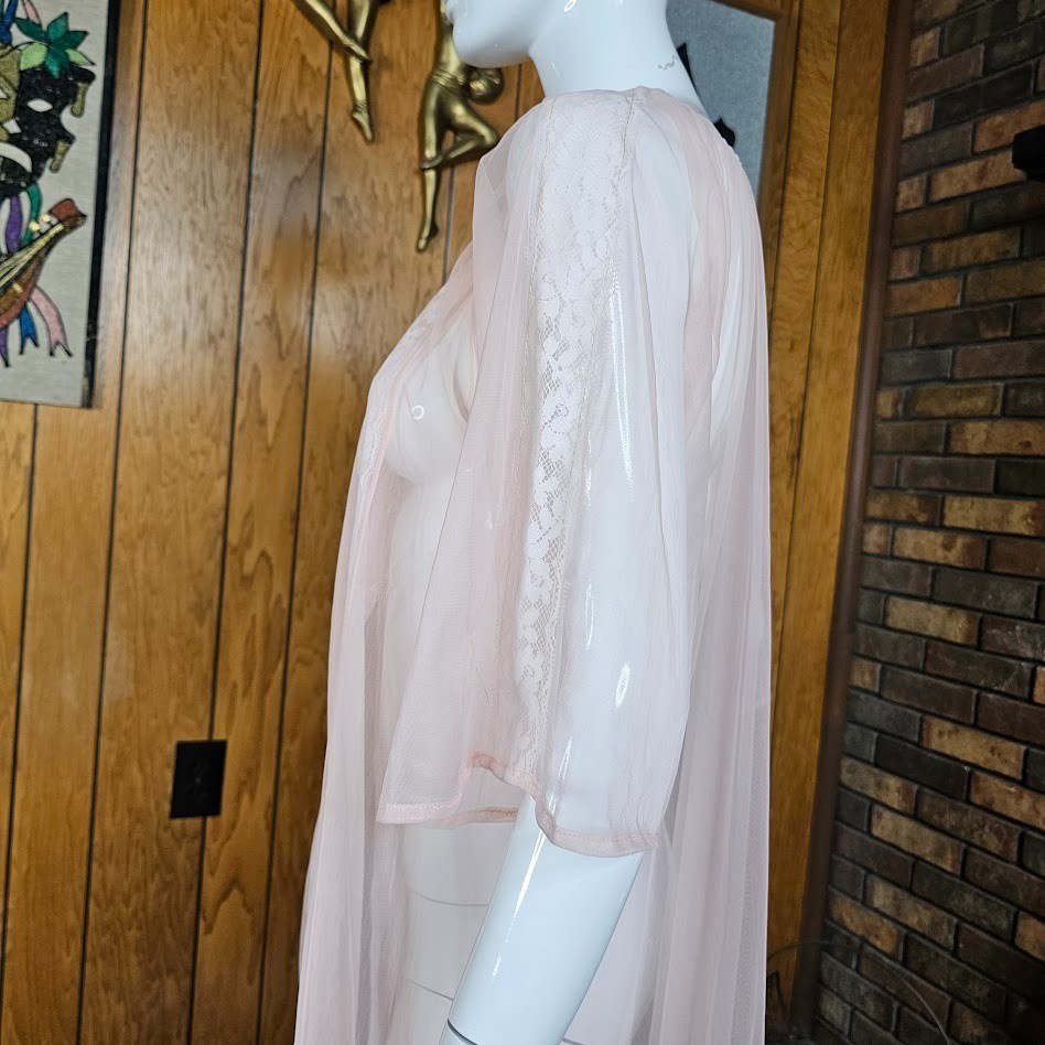Vtg 50s Juicy Peach Cheesecake Pin-Up Sheer Chiffon Lace Peignoir Maxi Robe OSFM
