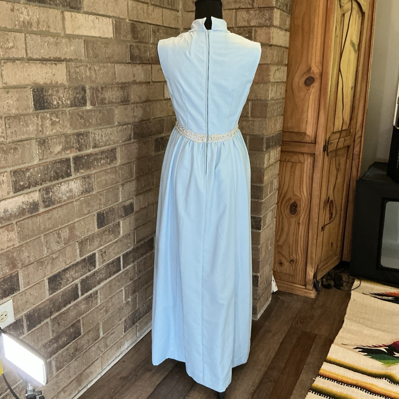 60s 70s VTG Baby Blue Maxi Dress Sz XS/S Empire Waist Lace Trim Formal Gown 34E9