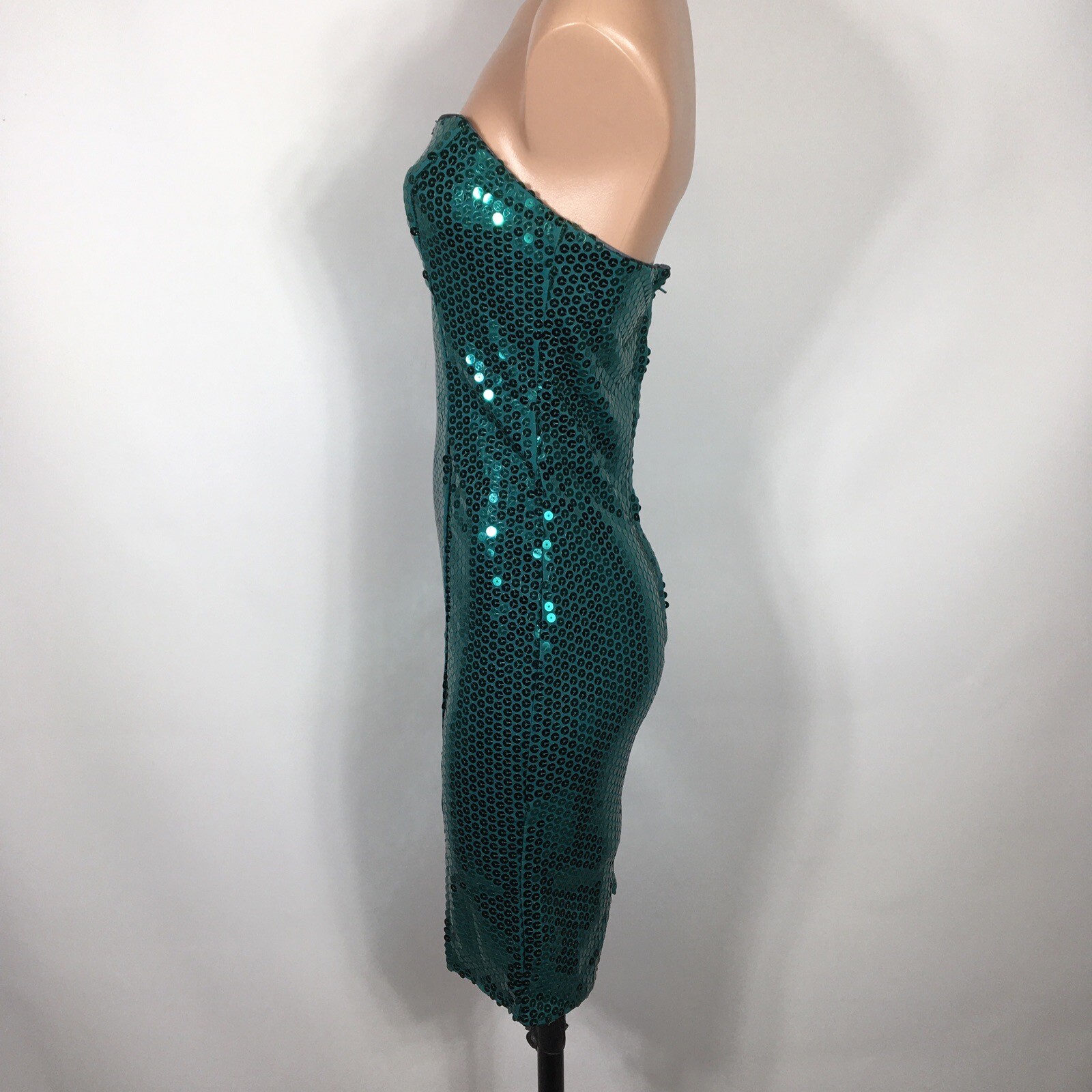 VTG 80s 90s Party Prom LA Glo MINI Sequin Wiggle Slip Bodycon TEAL Dress 3/4