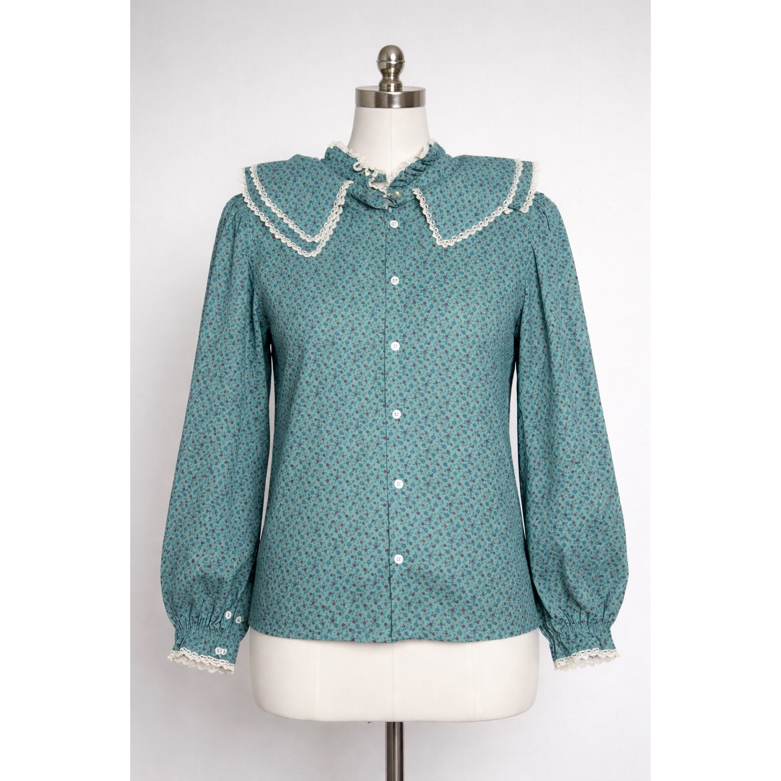 Bryn Mawr Bobbie Brooks Vintage Teal Floral Lace Sailor Collar Blouse 12 5562
