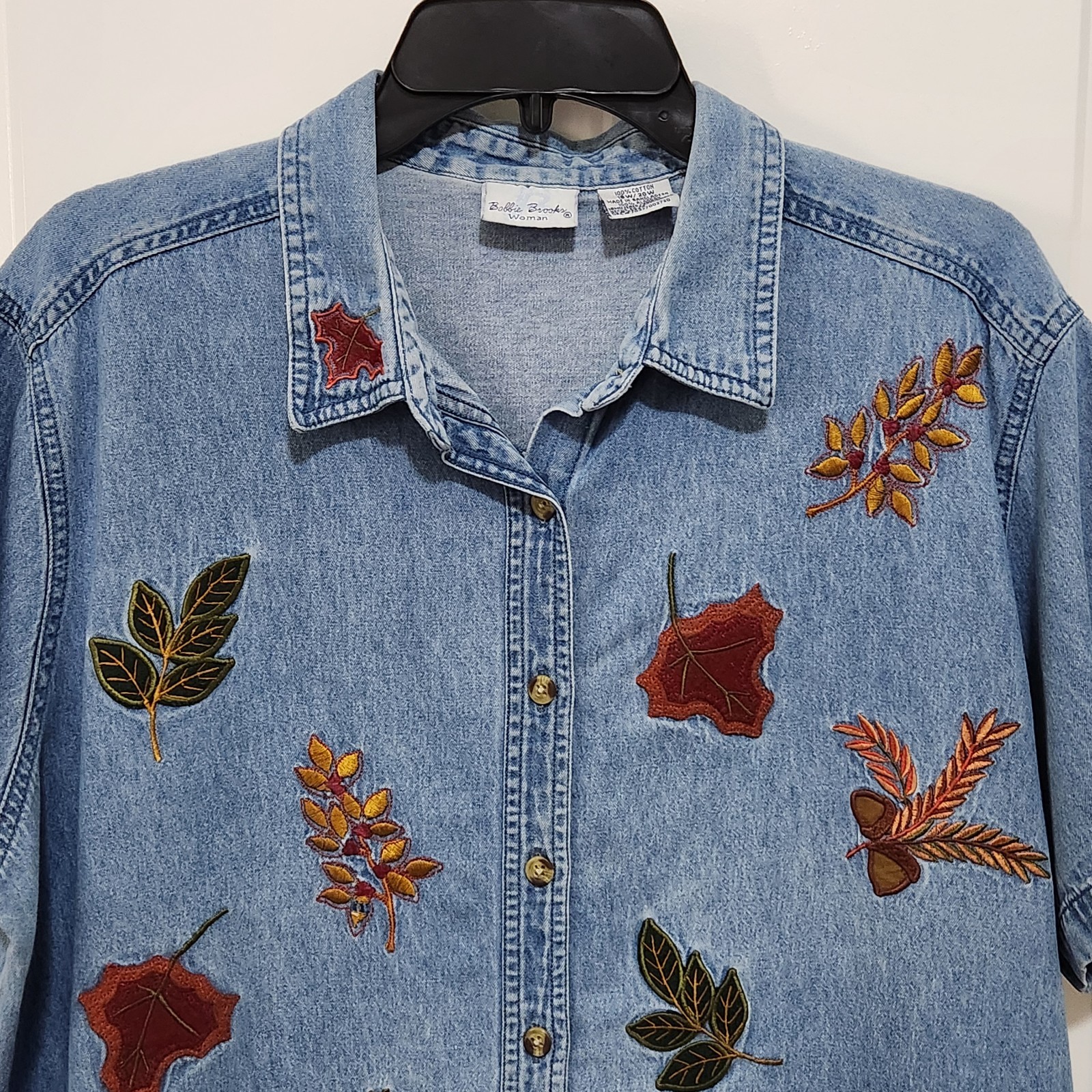 Vtg Bobbie Brooks Chambray Button Up Short Sleeve Shirt Embroidered Fall Leaves