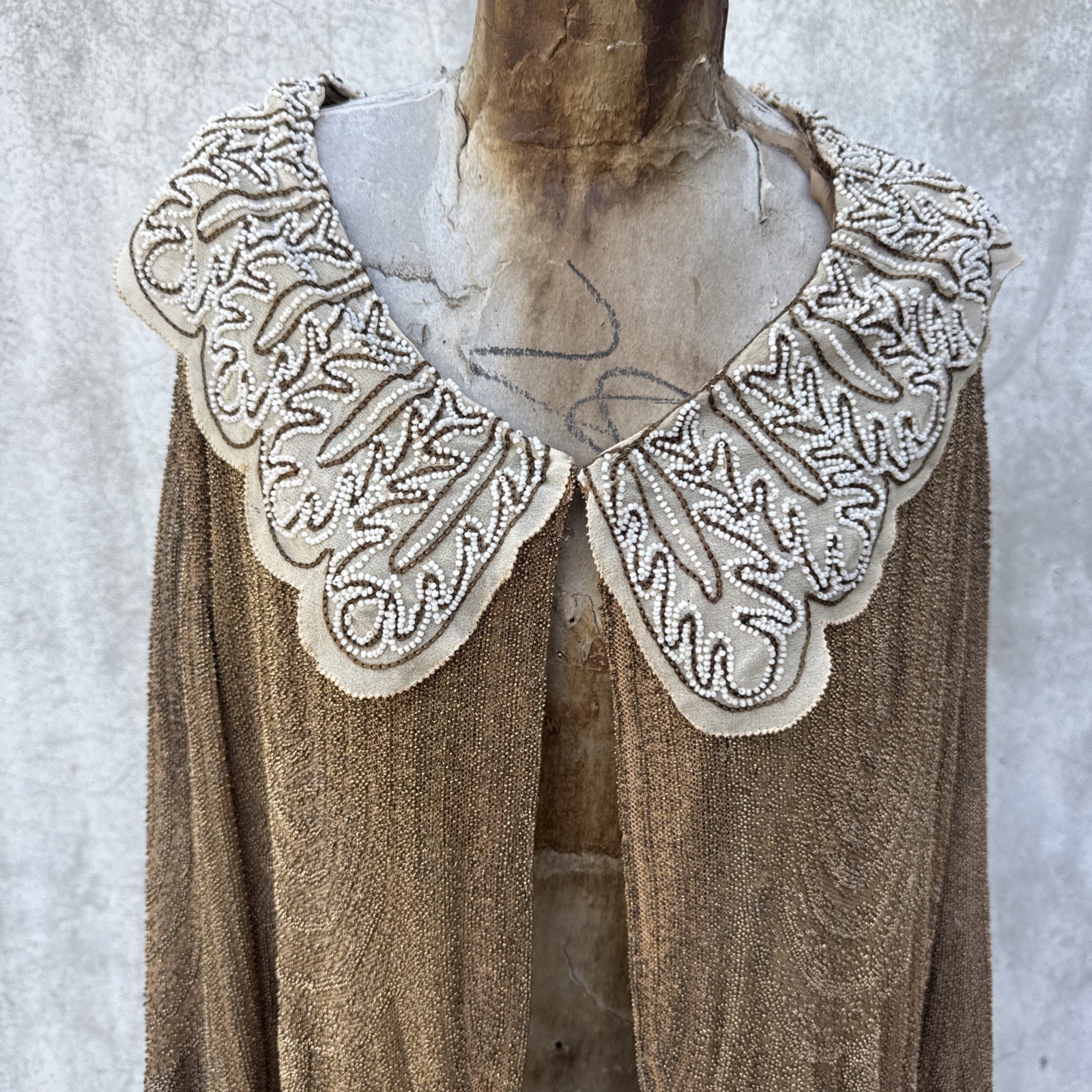 Antique 1920s Completely Beaded Gold Coat Scalloped Hem Art Deco Net Vintage