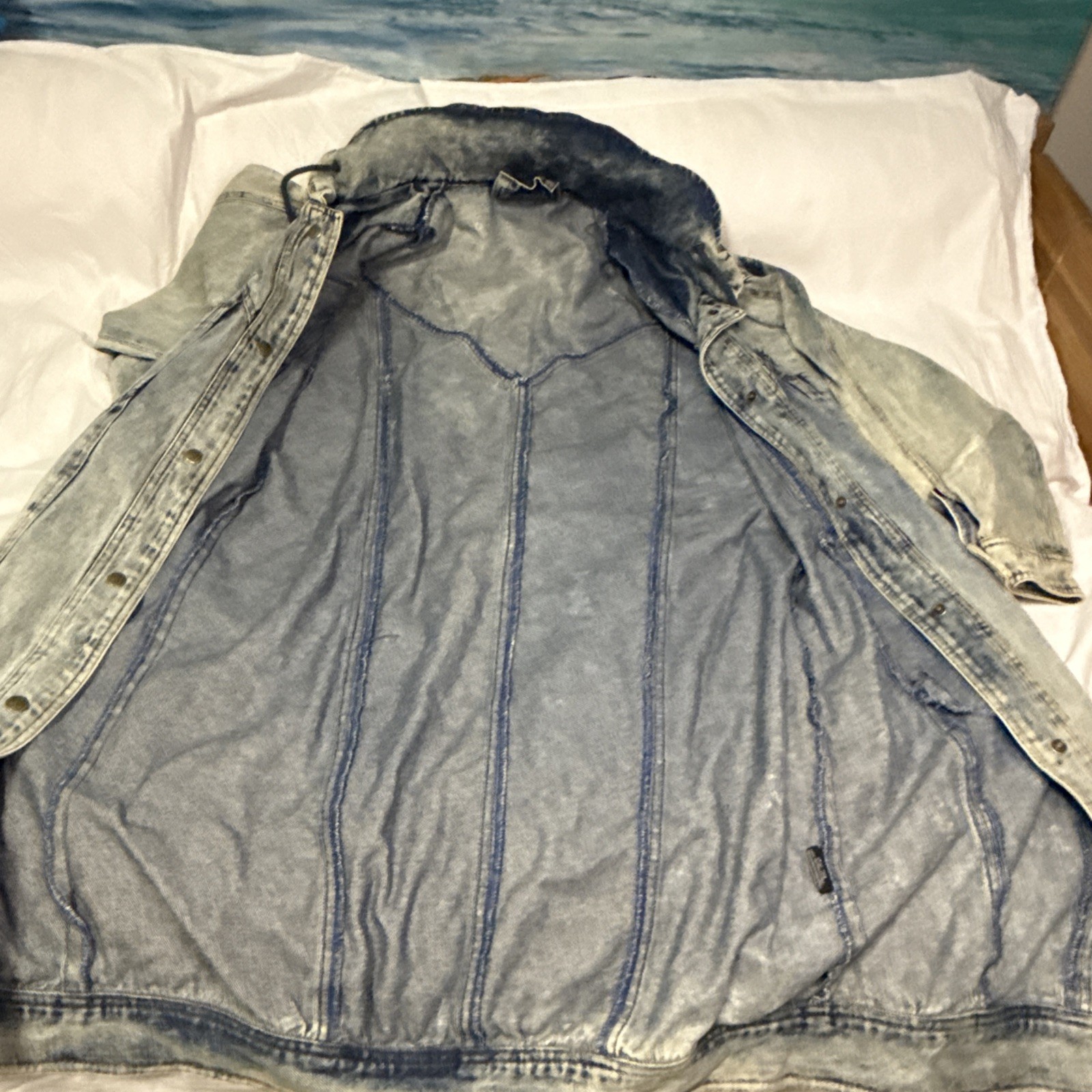 VTG ANDY JOHNS Long Denim Jacket Coat Large Hooded Grunge 90s 80s Light Wash