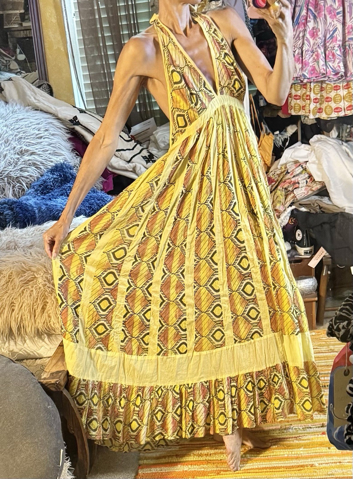 Vtg Yellow 70s Halter Gauze Cotton India Maxi Dress Full Sweep Hostess Boho Glam