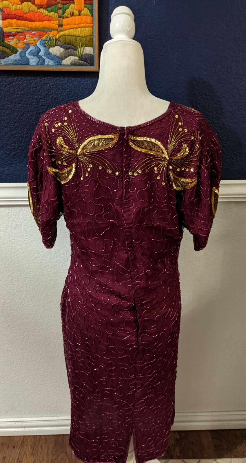 VTG Sweelo Purple Beaded Sequin Zip Back Dress 100% Silk Sz XL Extra Large