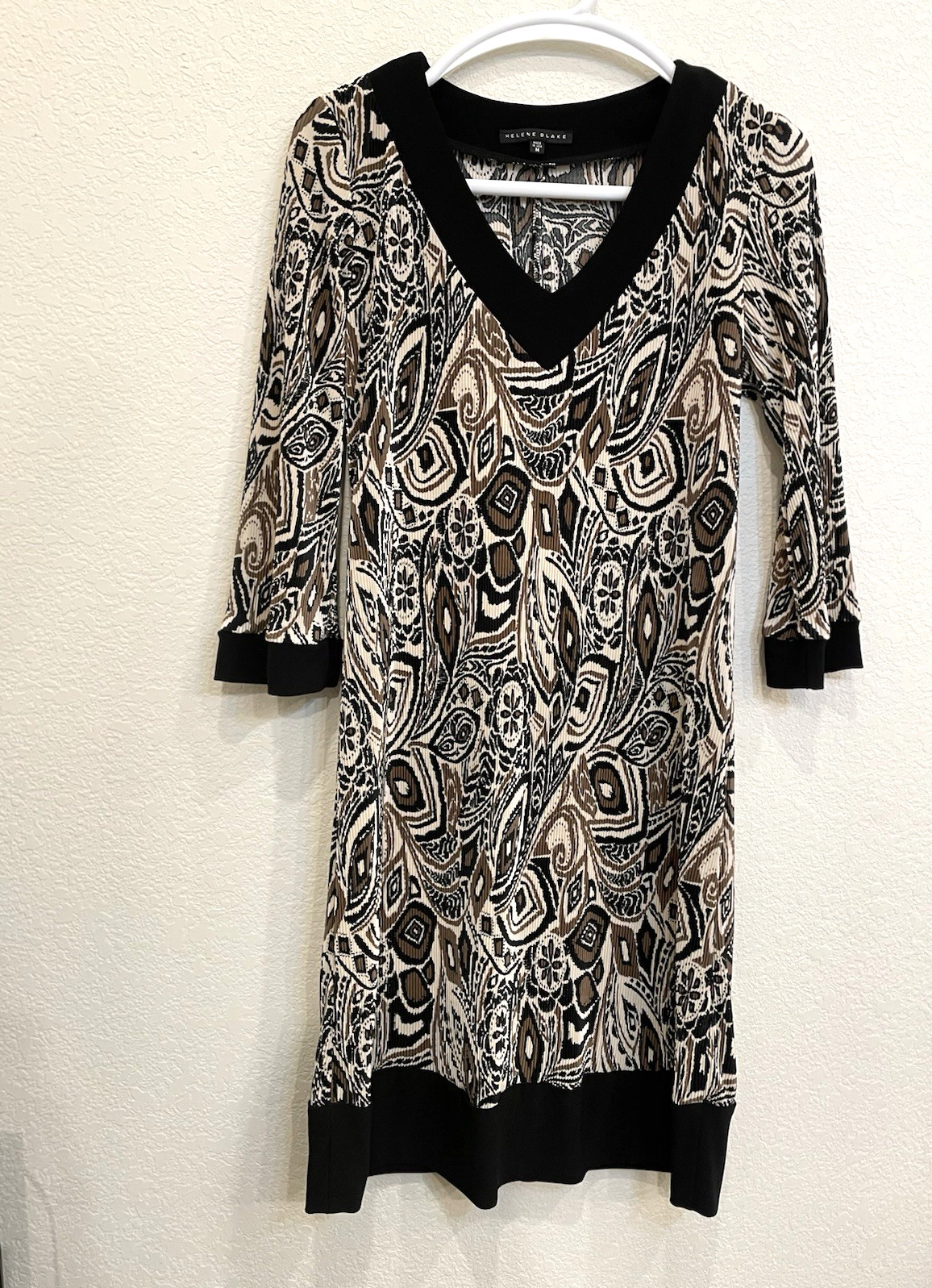 Vintage Dress Helene Blake Medium USA stretchy Abstract Print Black Evening