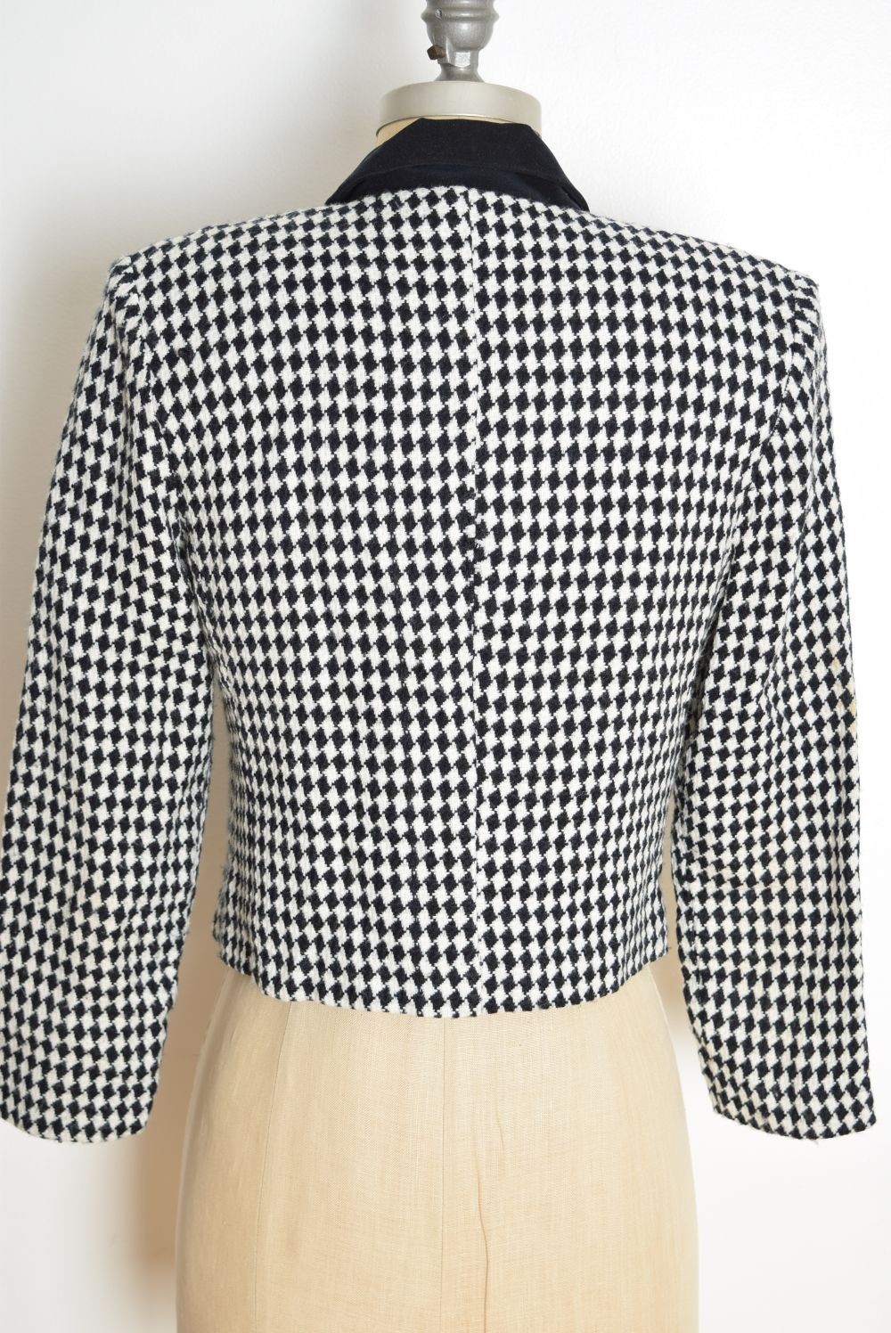 vintage 90s blazer black white diamond check cropped jacket top preppy S