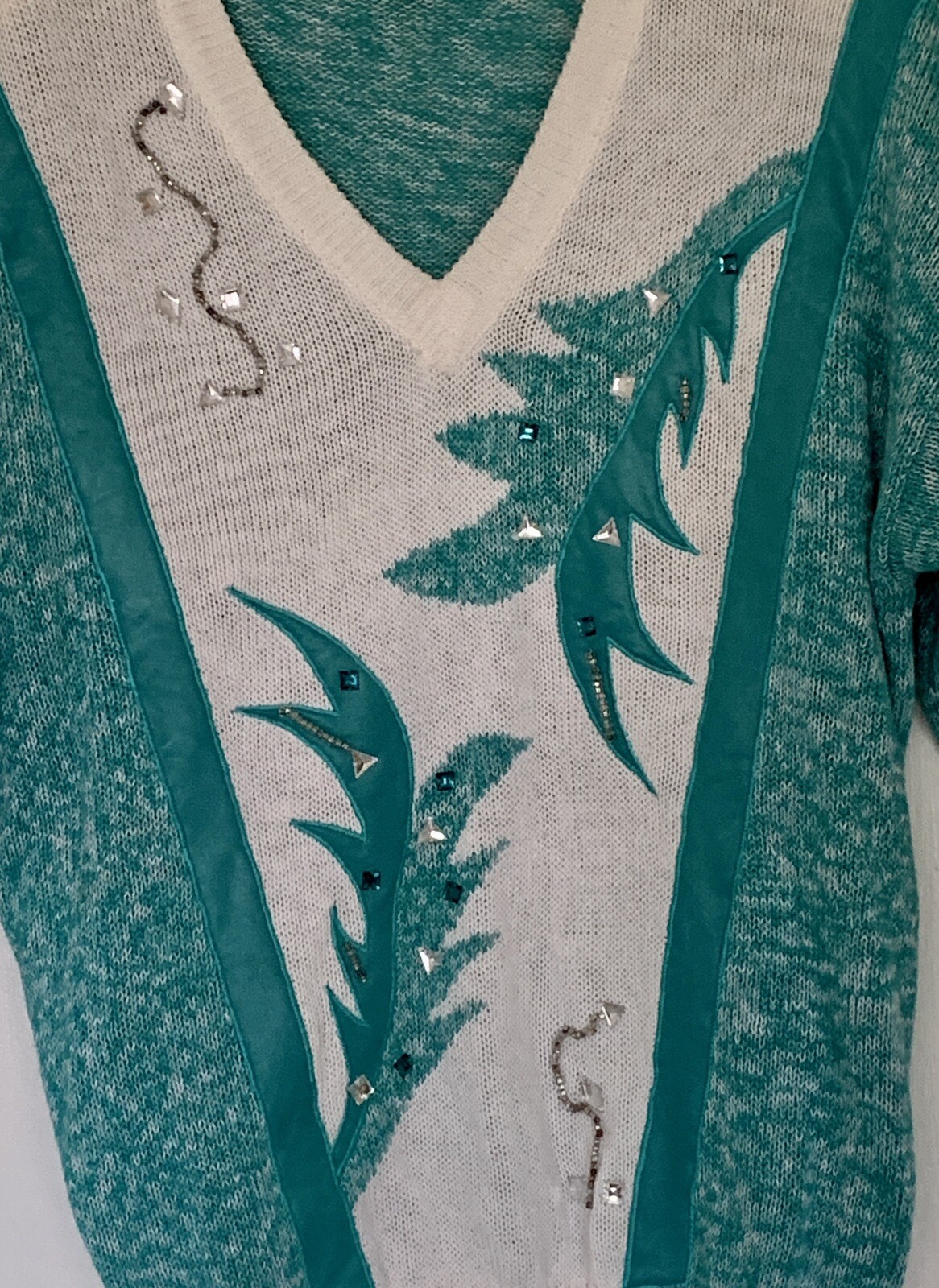 Vintage 80’s Teal & White Embellished Sweater w/Shoulder Pads By Pierre Lamonte