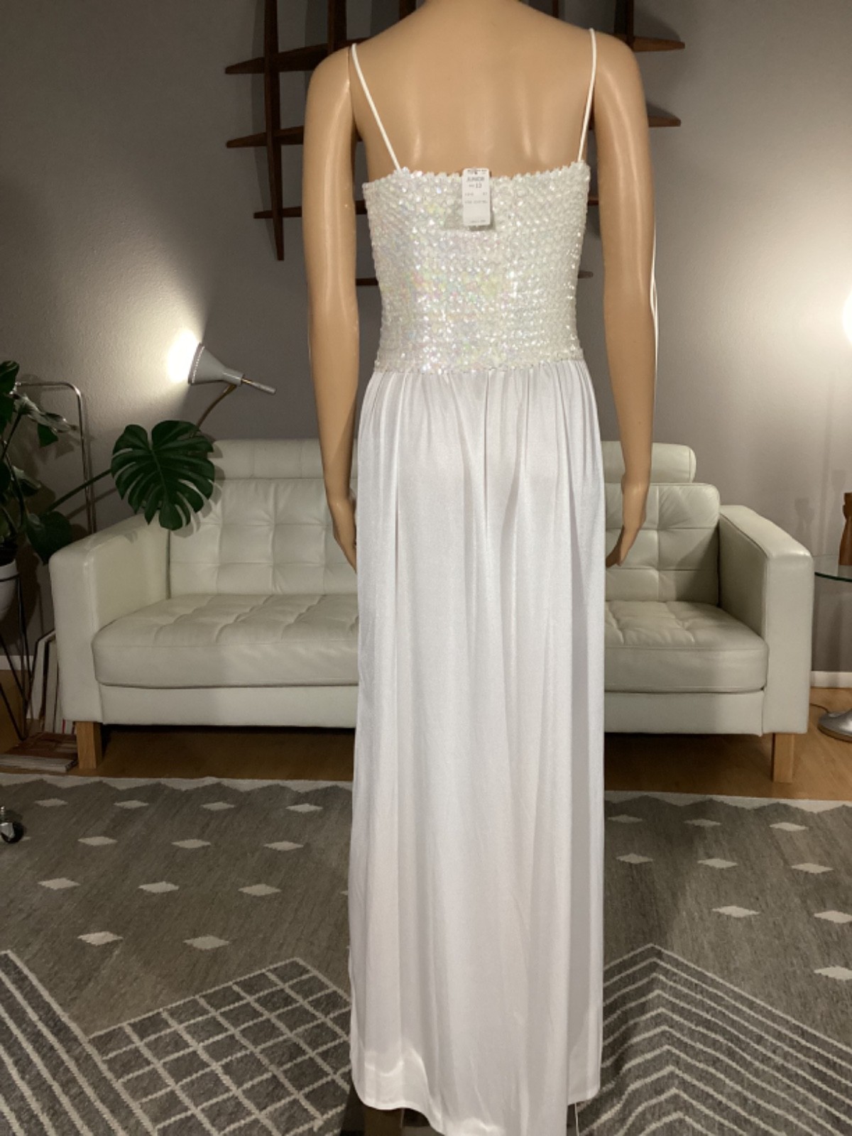 Vintage NOS Denise Fashions Iridescent Sequin White Sleeveless Maxi Party Dress