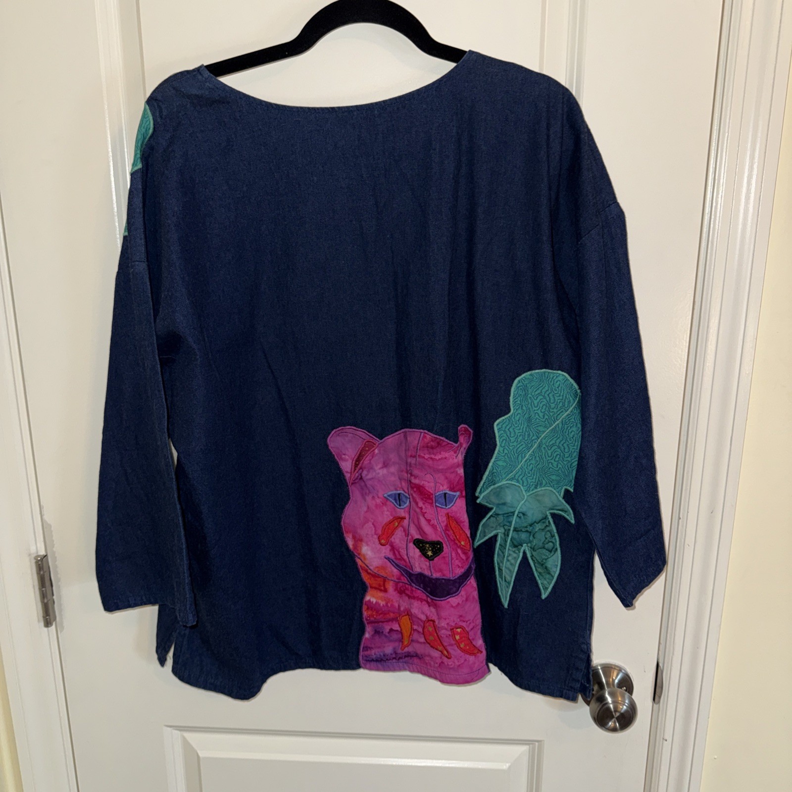 Alfredo’s Wife Vintage Denim Tunic Shirt Sz Small Colorful Leopards Folk Art