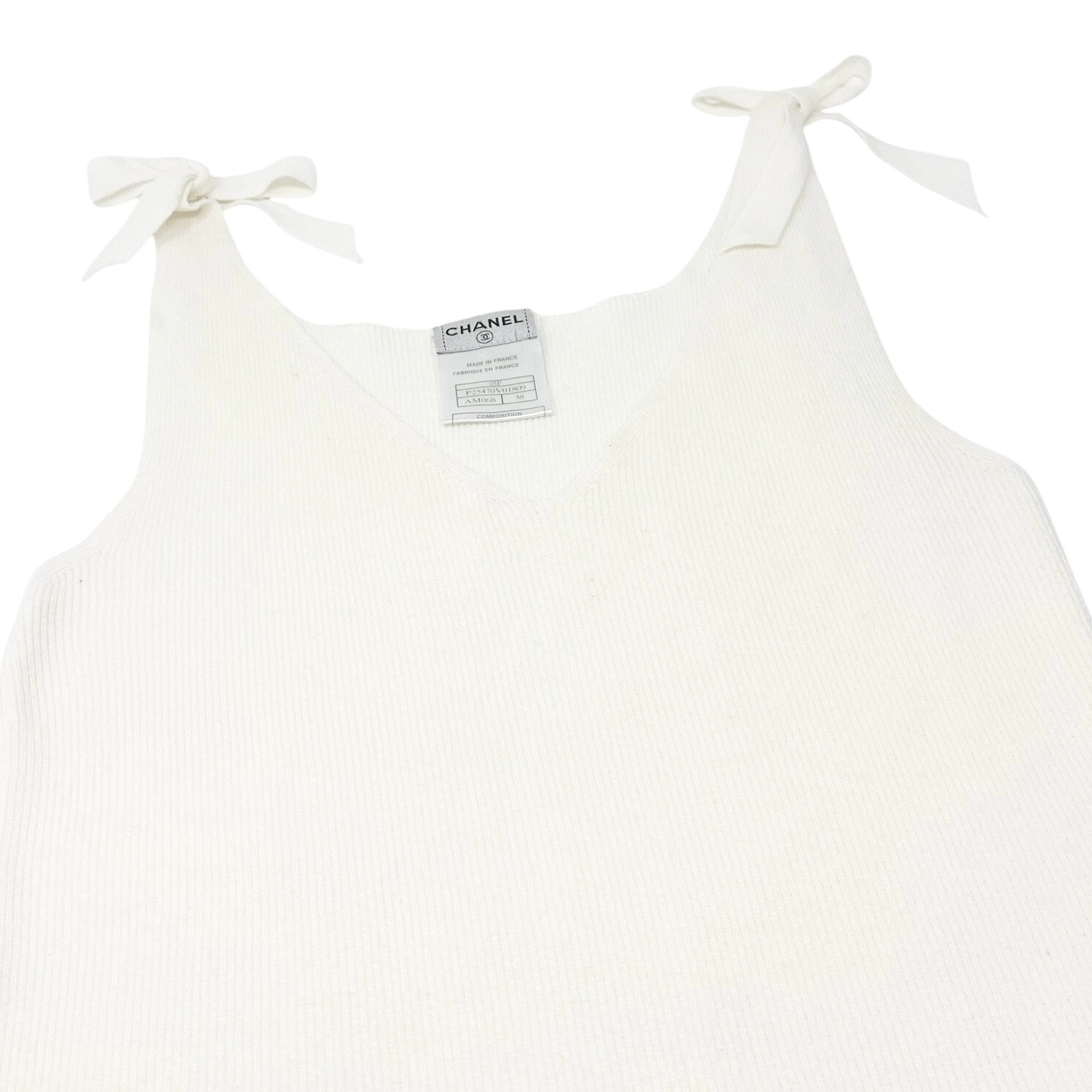 CHANEL Vintage 05P CC Mark Logo Rib Knit Tank Top #38 Sleeveless White Cotton