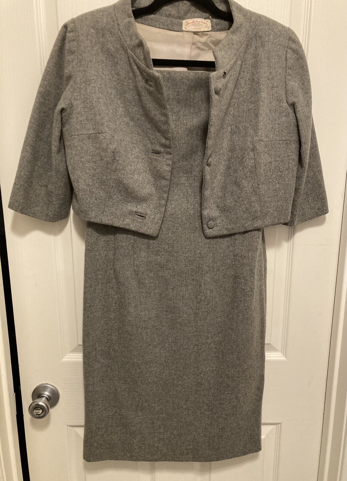 Vtg 50-60’s Gray Wool 2 Pc Dress 1/2 Sleeve Crop Jacket HandMade By Elizabeth Sm