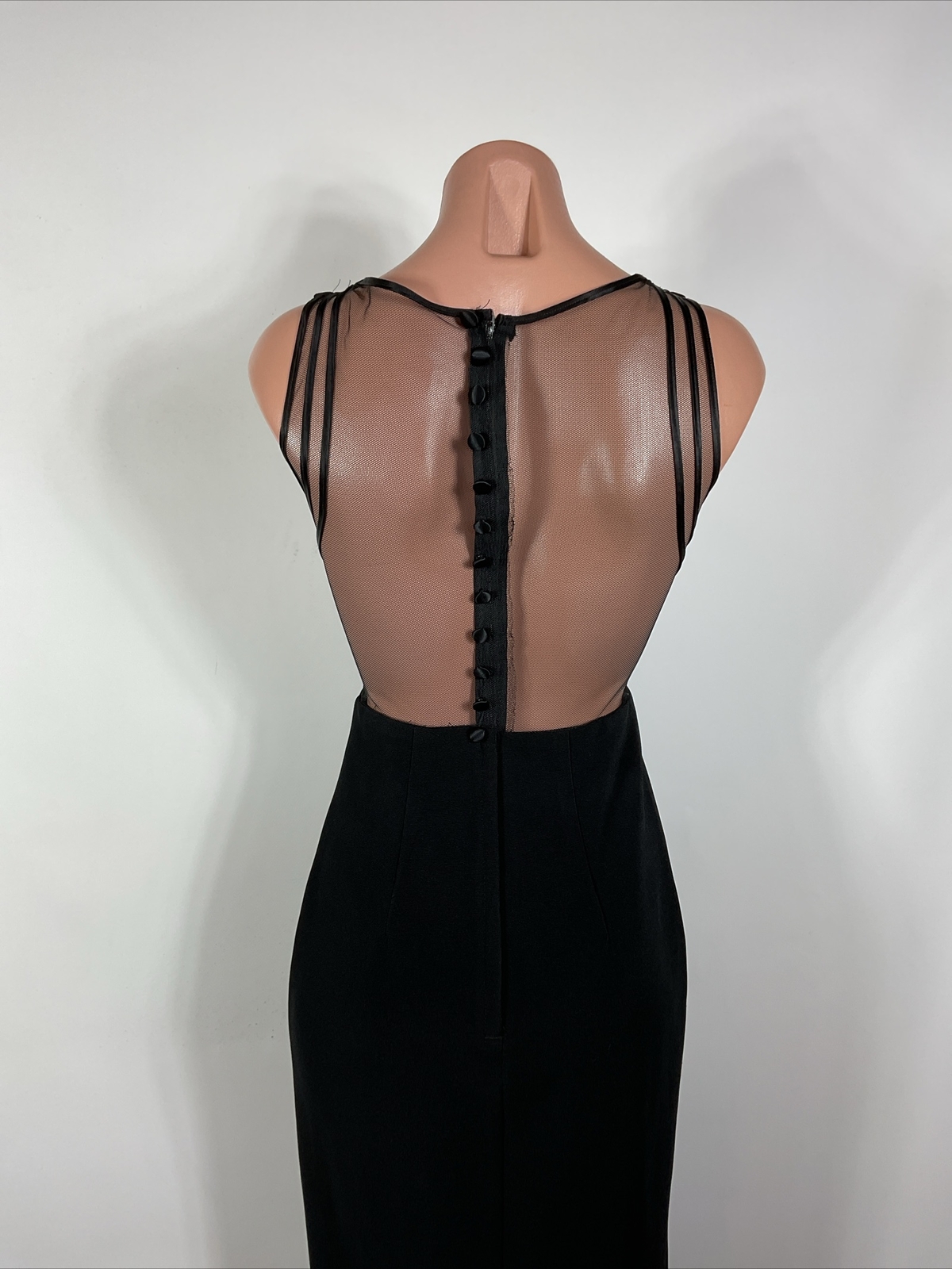Vintage 90s y2k Black Illusion Caged Neck Backless Button Back Prom Dress 3/4
