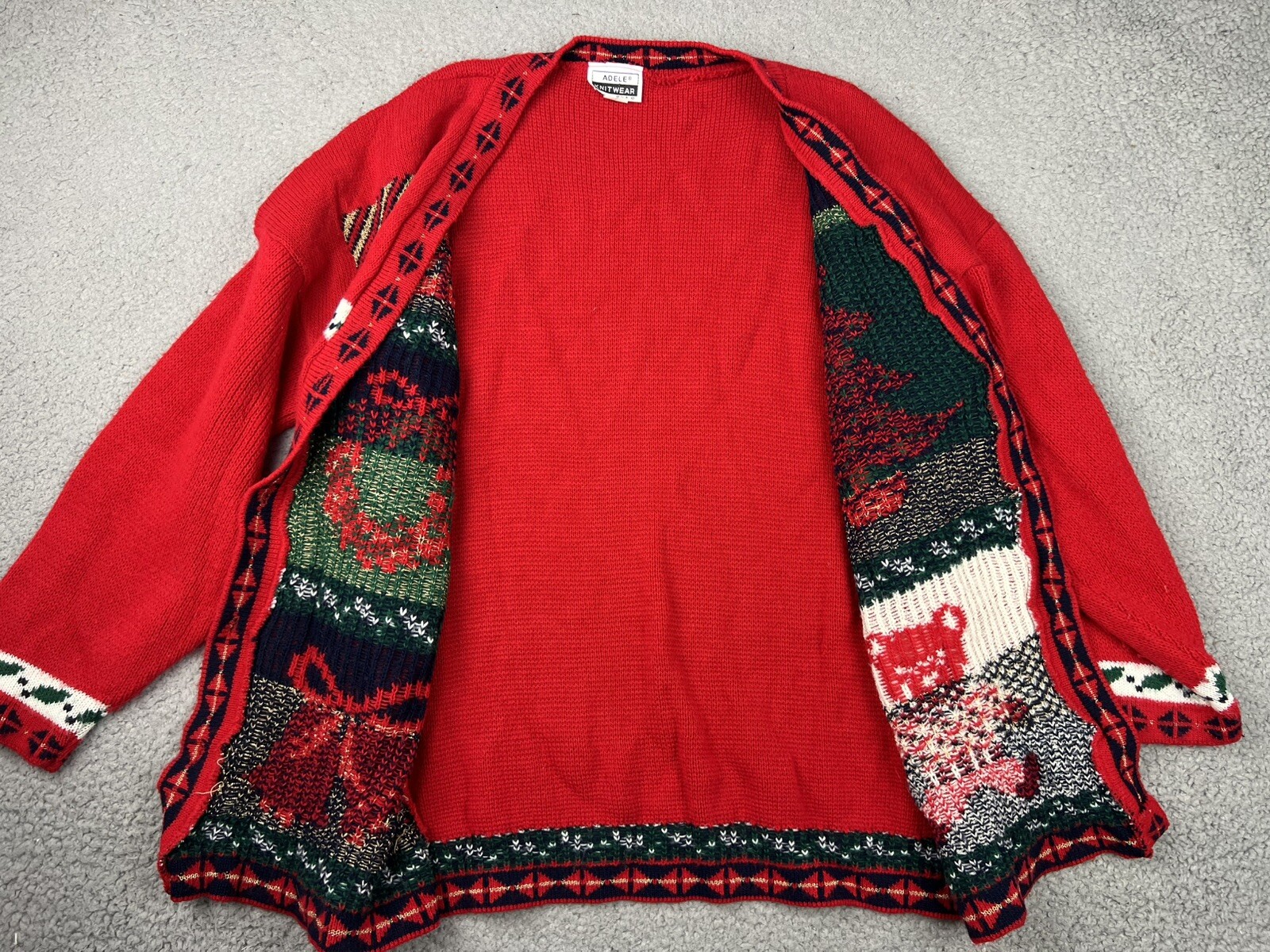 VTG Adele Knitwear Ugly Christmas Sweater Large Bear Tree Bells Present Cardigan