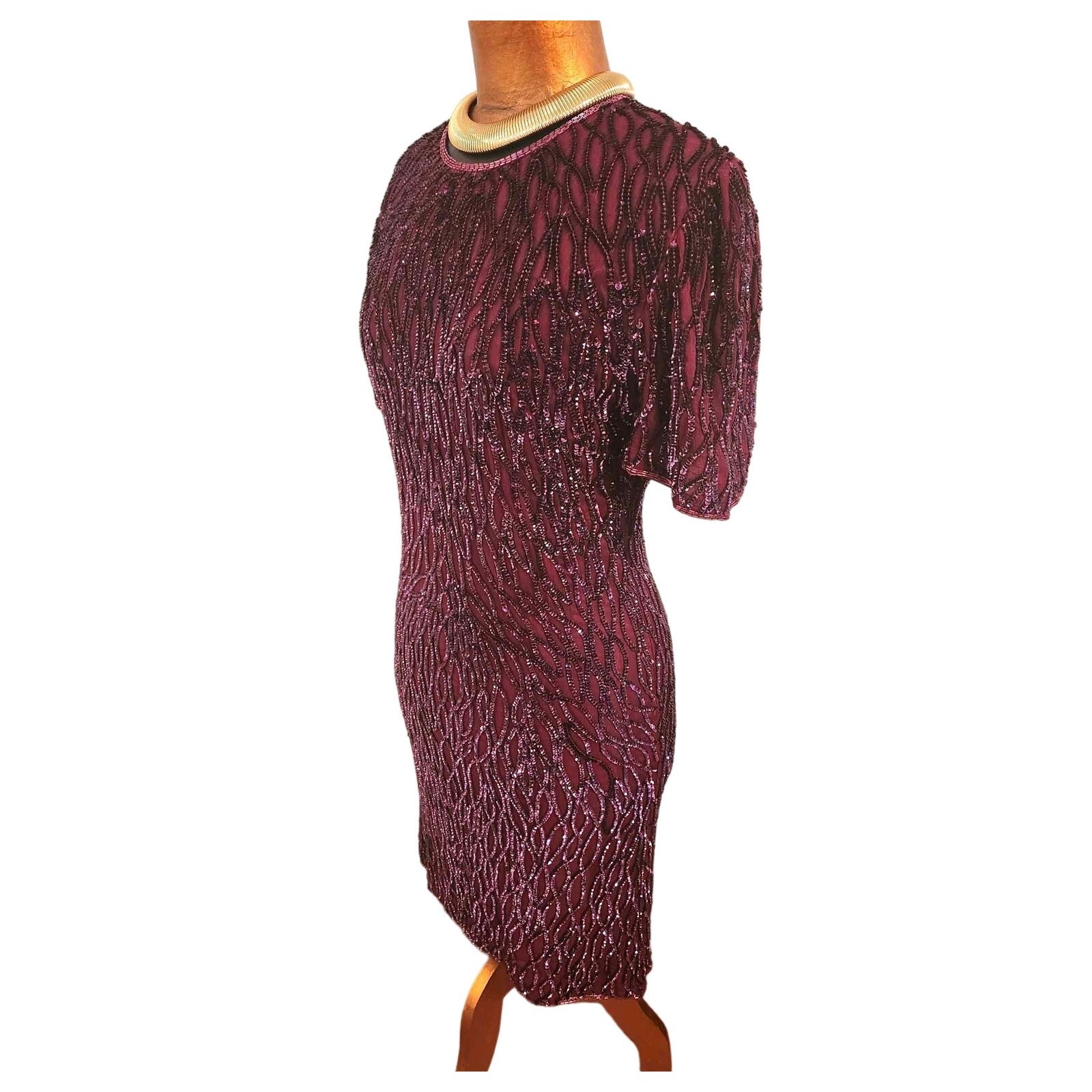 Vintage 1980s Sweelo Beaded Sequin Burgundy Purple Silk Short Sleeve Dress Sz 8