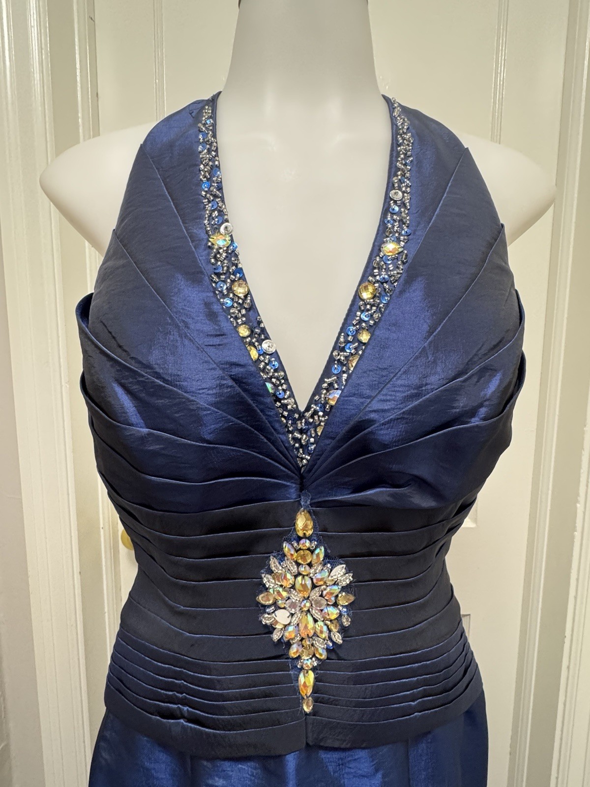 VTG B’Dazzle Alyce Designs Cobalt Blue Beaded Halter Mermaid Gown Dress Sz 8