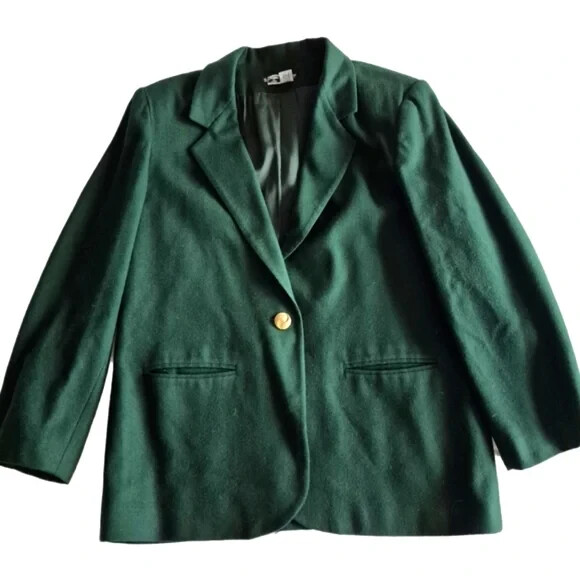 Womens Vtg SAVANNAH Emerald Green Wool Single-Breasted Boyfriend Blazer Sz 12