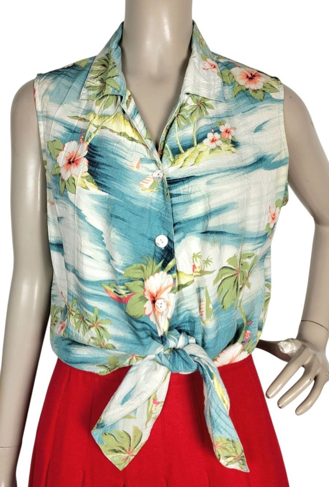 Vintage 90s Tommy Bahama Crinkle Sleeveless Hawaiian Tie Front Top
