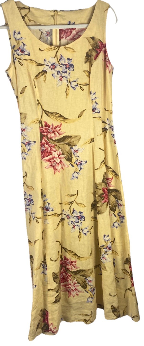 Vintage Dress Fit And Flare Yellow Floral Maxi Cottage Core Medium 40s 90s