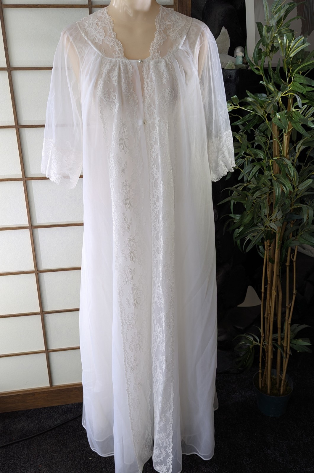 VTG Shadowline Nightgown Negligee 70s Chiffon Lace Lingerie Robe Peignoir Set Sm