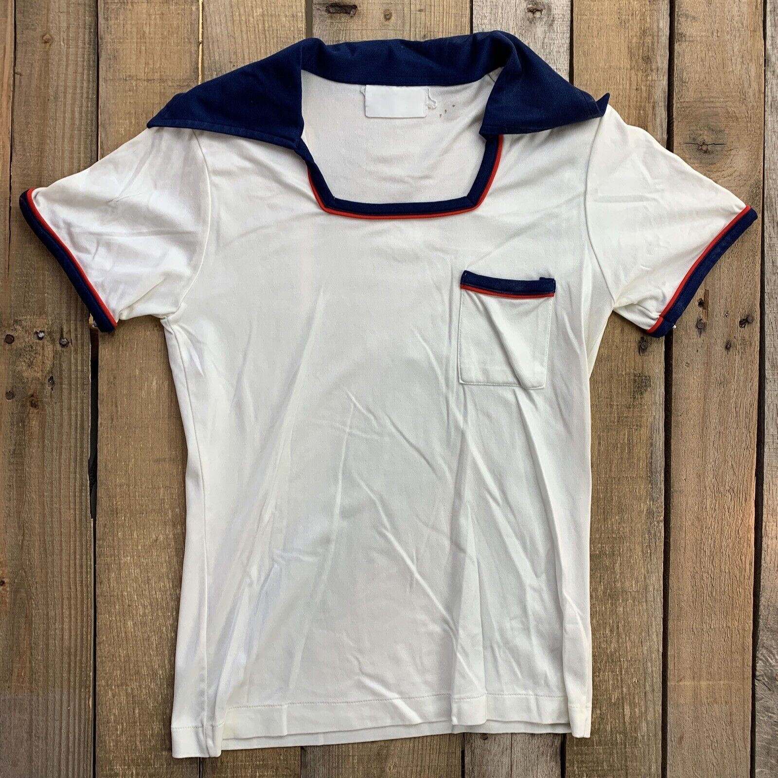 White Red Blue Vintage Pocket Shirt Blouse Womens Top