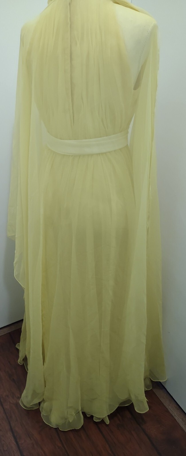Vintage Kiki Hart NY Two Tone Yellow Chiffon Gown W Trailing Cape Grace Kelly