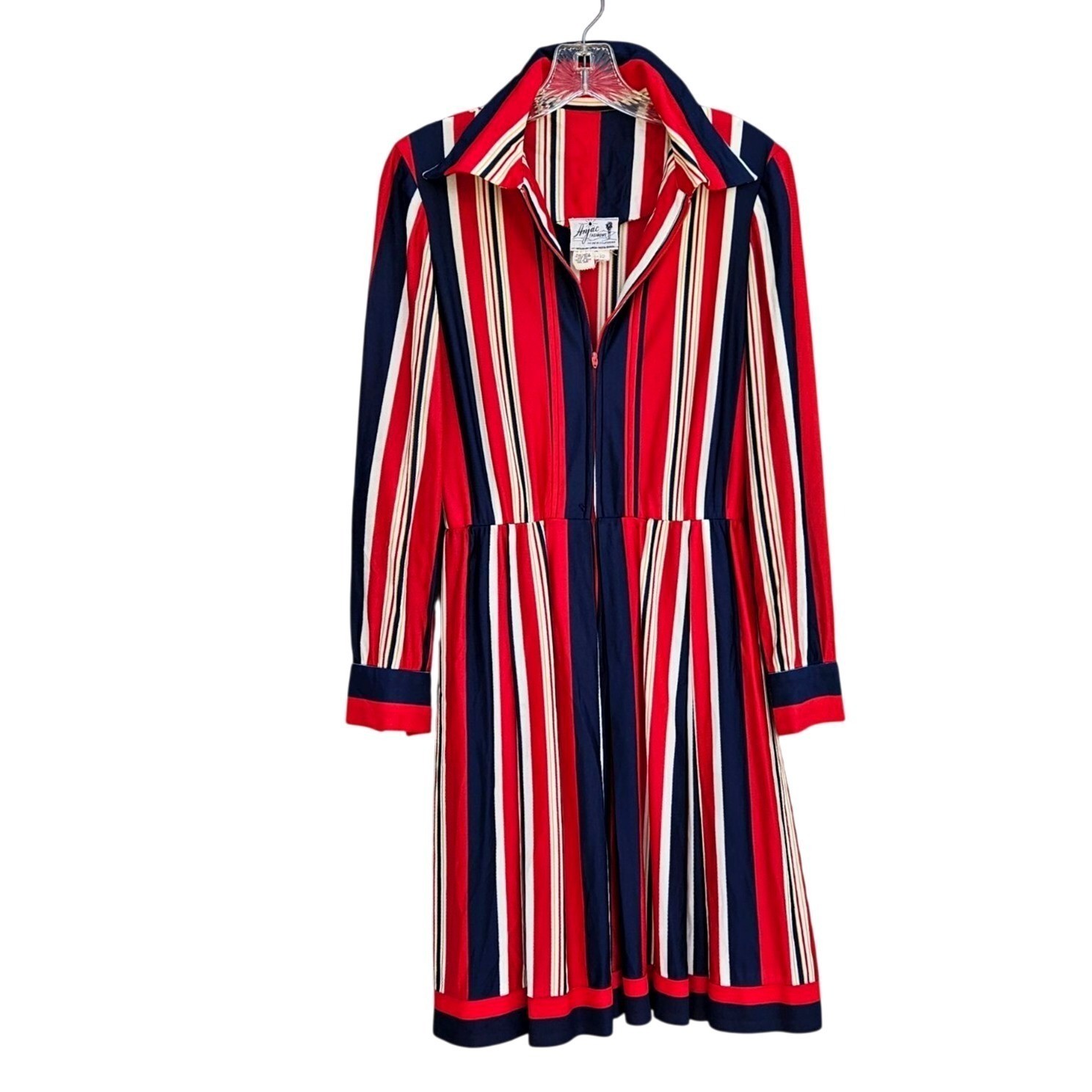 Vintage 70s California Stripe Nylon Knit Dress Red White Blue Zip Front Womens M