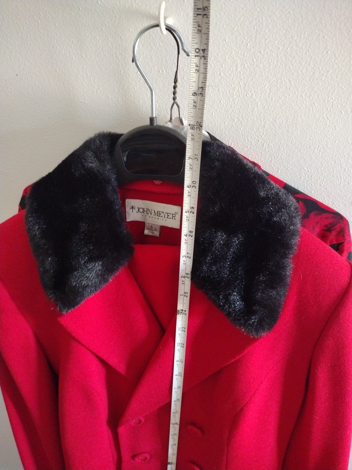 Vintage 1990s John Meyer of Norwick 2pc Red Jacket Faux Fur Cuffs Button Size 8P
