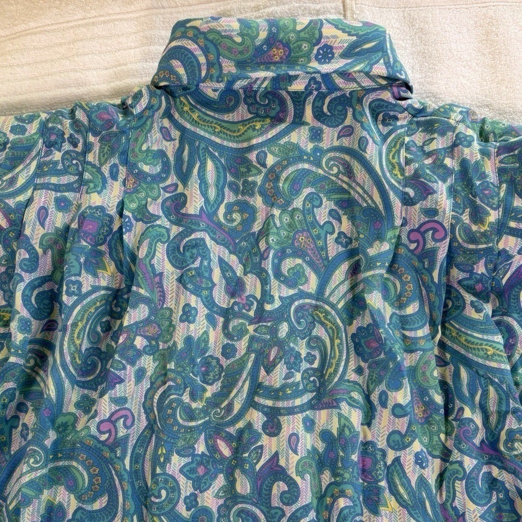 Schrader Vintage Paisley Midi Shirt Dress 8 Blue Green Pockets Button Front 80s