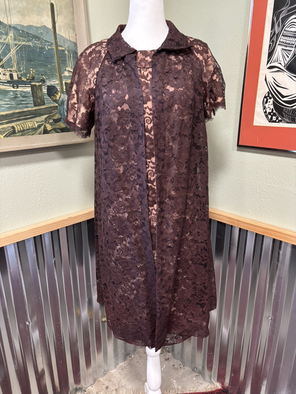 Vtg 1960’s Lee Jordan Chocolate Brown Lace Set With Dress And Jacket