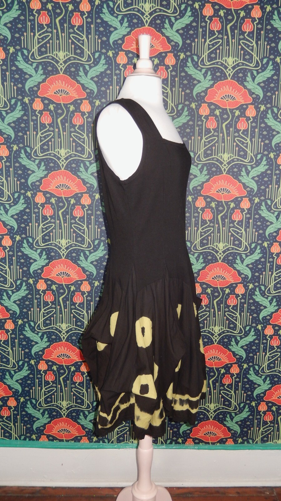 Vintage Y2K Luna Luz Hitch Bustle Black Yellow Tie Dye Lagenlook Dress