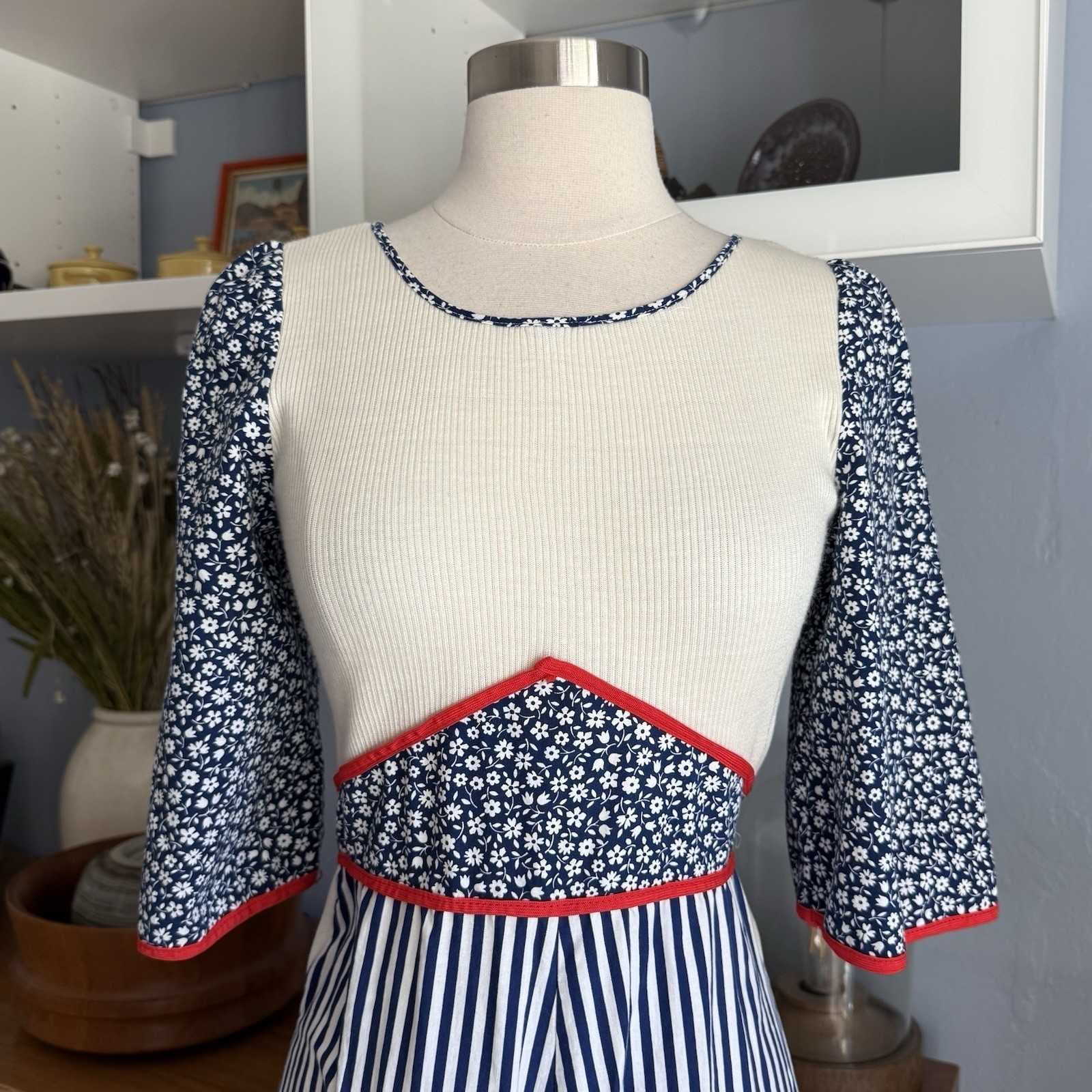 Vtg 70s Maxi Dress XS/S Prairie Floral Striped Dots Cotton Cottagecore Boho