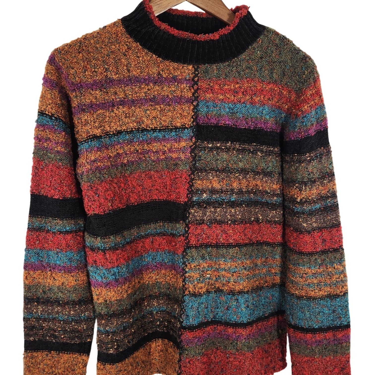 Coldwater Creek Retro Boucle Texture Striped Pullover Mock Neck Sweater Size S