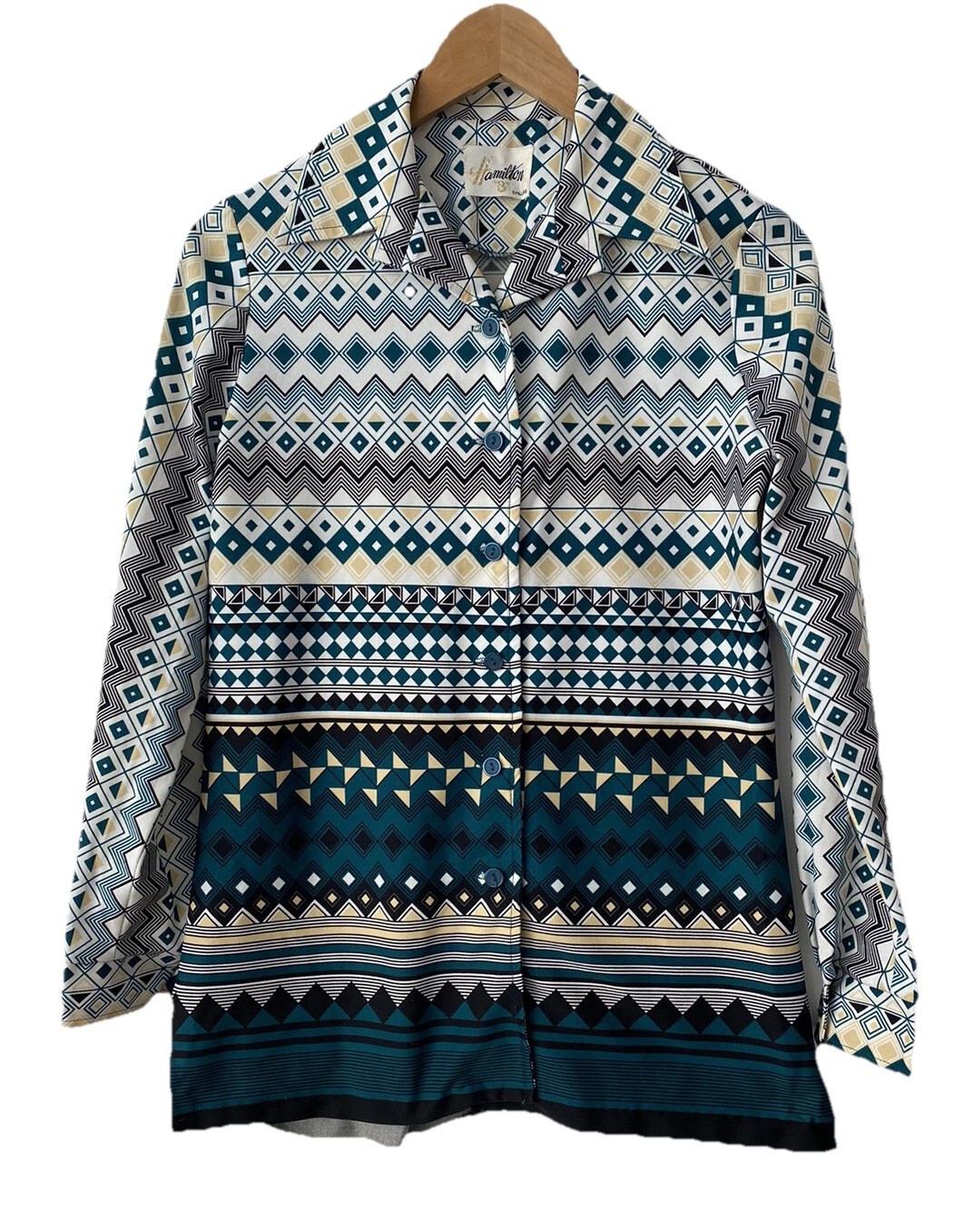 VTG 60s 70s Hamilton 8 Dallas Geometric Long Sleeve Disco Shirt SZ M Hippie Mod