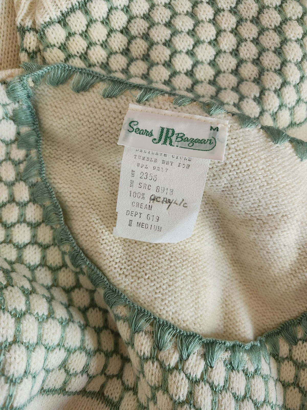 Vintage Sears JR Bazaar Cream And Green Knit Sweater
