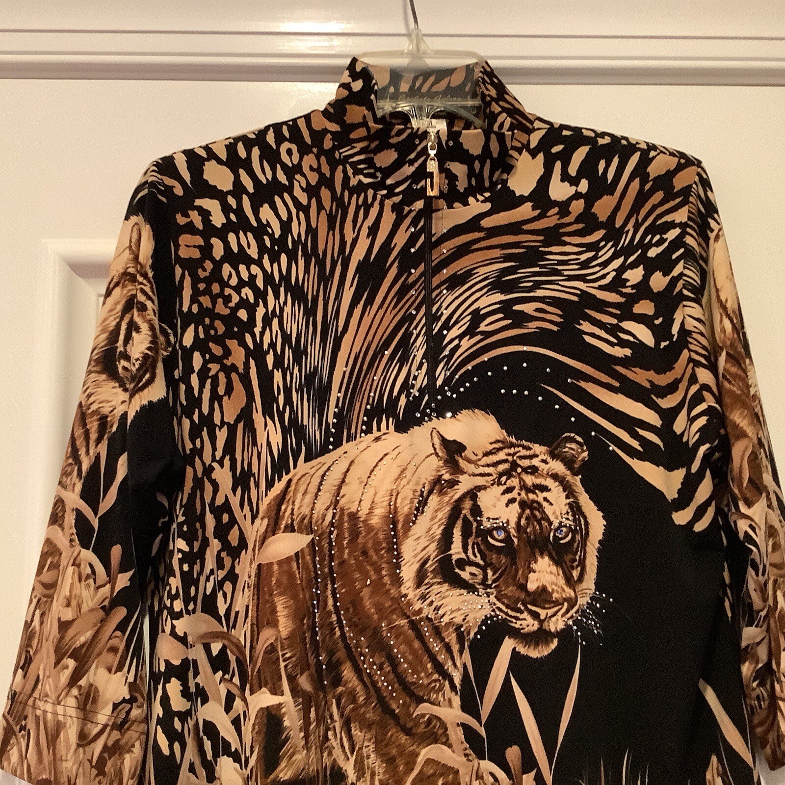 Vtg Jackets Galore By John Farah Top Large Leopard Tiger Print Bling 3/4 Sleeves