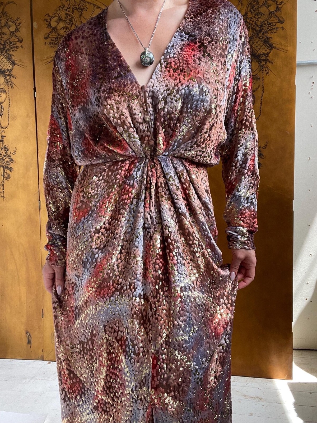 1970s Dress Silk Velvet Burnout Semi-Sheer Maxi Gown Jill Richards