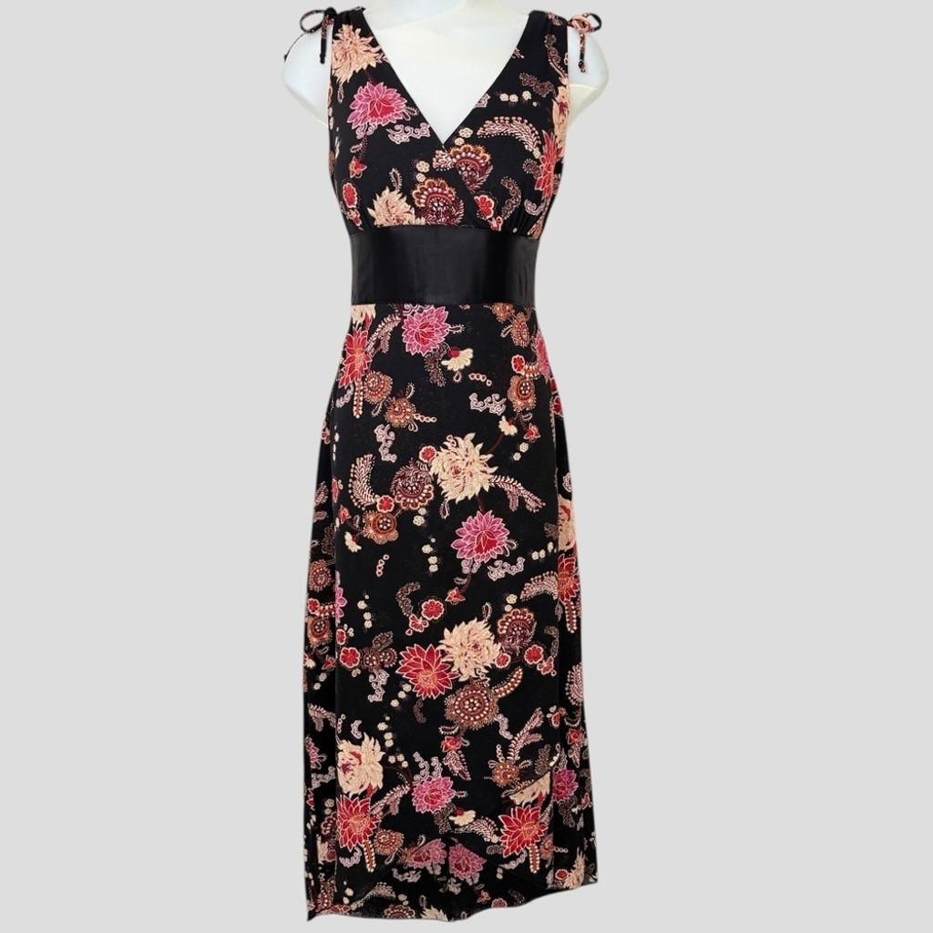 Ruby Rox Babydoll Black Floral Dress Medium Satin High Waist Lace-Up Y2K Fairy