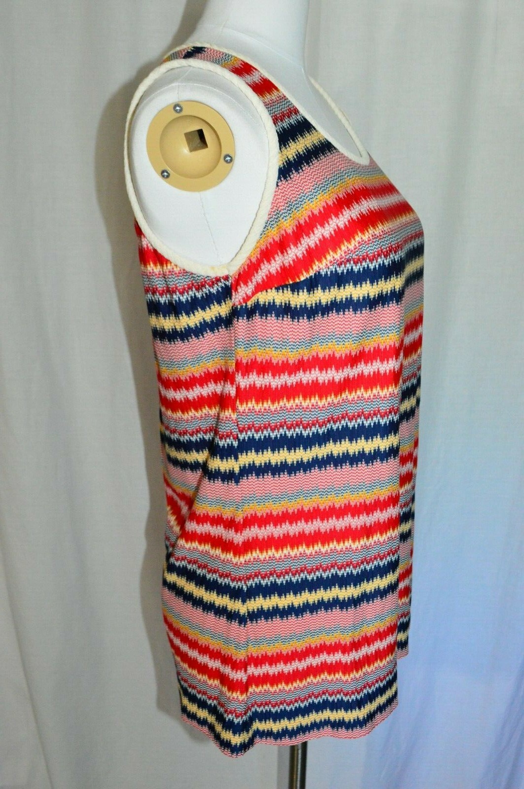 Patriotic Vintage Red White Blue Yellow Striped Shirt Tunic Polyester Small