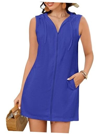 Terry Cloth Cover Up – Women Hooded Swimsuit Coverup Zipper XX-Large Dark Blue