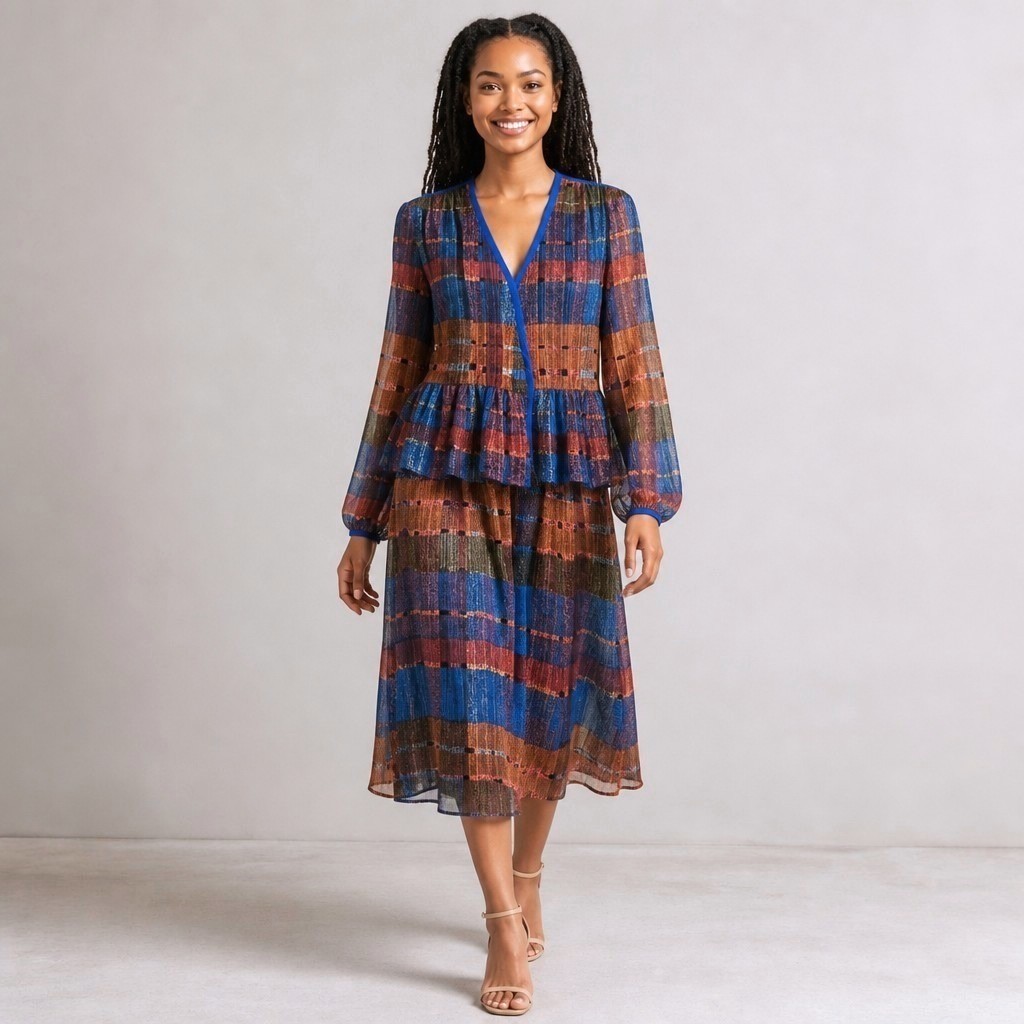 Gloria Vanderbilt Vintage 80s Metallic Plaid Peplum Top and Skirt Set Blue 14